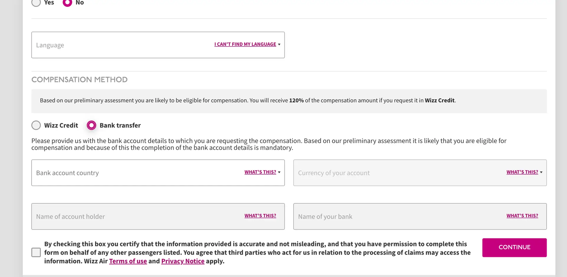 compensation form wizzair