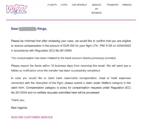 wizzair compensation confirmation