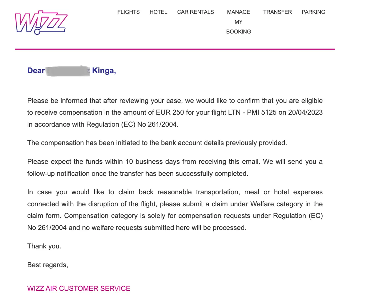 wizzair compensation confirmation